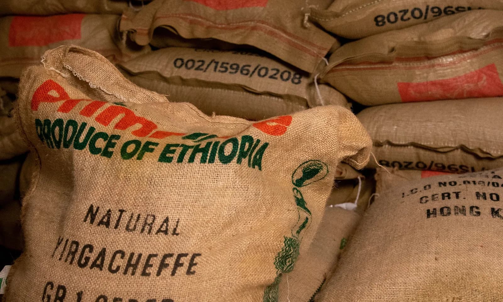 Ethiopian Yirgacheffe green coffee sacks staged for container loading